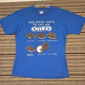 OREO Cookie Nabisco 1996 Gildan Blue White Cotton Large Mens T Shirt‎ 90s VTG